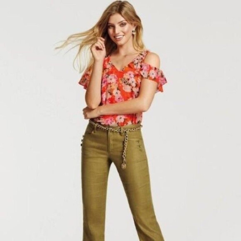 CAbi 5352 Lush Red Pink Floral Cold Shoulder Flutter Sleeve Blouse Women's Small - Picture 2 of 7